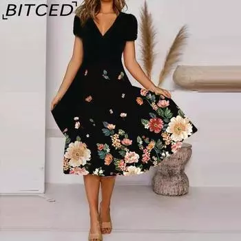 BITCED Женская мода лето весна цветочный принт короткий рукав V-образный вырез повседневные платья S