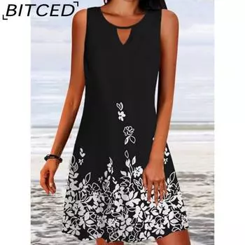 BITCED Женская мода лето весна цветочный принт без рукавов О-образный вырез повседневные платья S белый