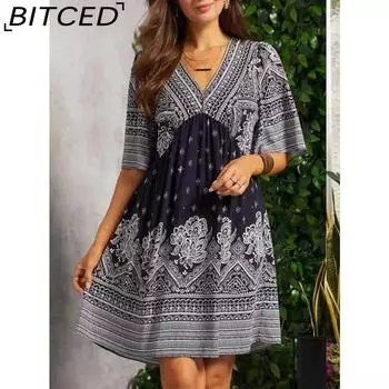 BITCED Женская мода лето весна цветочный принт короткий рукав V-образный вырез повседневные платья S