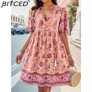 BITCED Женская мода лето весна цветочный принт короткий рукав V-образный вырез повседневные платья S розовый