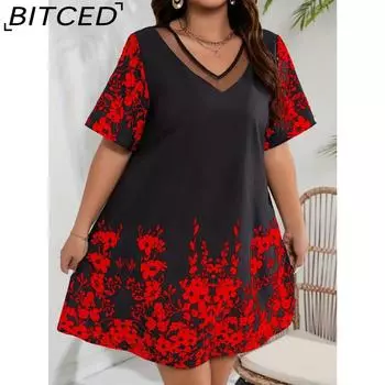 BITCED Женская мода лето весна цветочный принт короткий рукав V-образный вырез повседневные платья XL белый