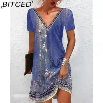 BITCED Женская мода лето весна цветочный принт короткий рукав V-образный вырез повседневные платья S красный