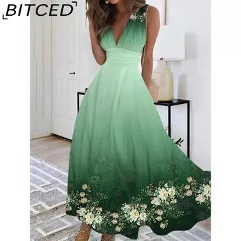 BITCED Женская мода лето весна цветочный принт без рукавов V-образный вырез повседневные платья S