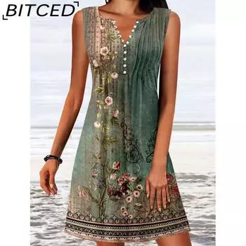BITCED Женская мода лето весна цветочный принт без рукавов V-образный вырез повседневные платья S зелёный