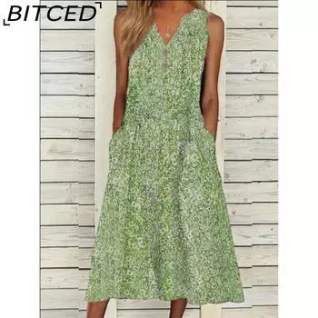 BITCED Женская мода лето весна цветочный принт без рукавов V-образный вырез повседневные платья S розовый
