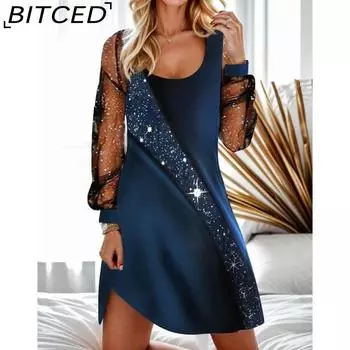 BITCED Женская мода лето весна длинные рукава О-образный вырез повседневные платья S чёрный