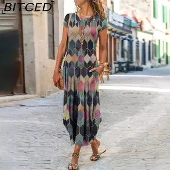 BITCED Женская мода лето весна короткие рукава О-образный вырез повседневные платья S красный