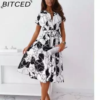 BITCED Женская мода лето весна короткие рукава V-образный вырез повседневные платья S чёрный
