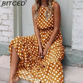 BITCED Женская мода лето весна однотонный принт без рукавов с круглым вырезом и высокой талией повседневные платья S