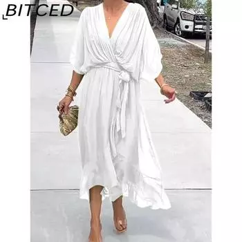 BITCED Женская мода лето весна однотонный принт V-образный вырез высокая талия повседневные платья S