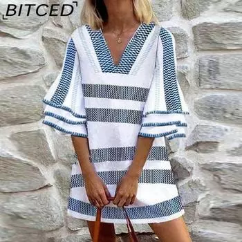 BITCED Женская мода лето весна однотонный принт рукав 3/4 V-образный вырез повседневные платья XL светло-синий