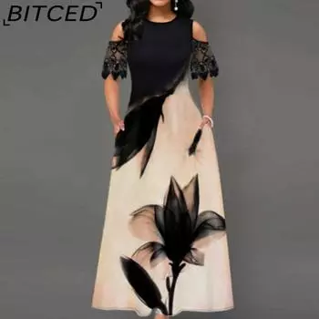 BITCED Женская мода лето весна однотонный принт короткий рукав О-образный вырез повседневные платья S чёрный