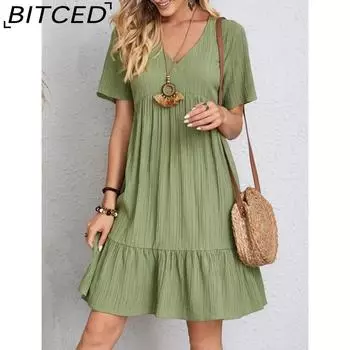 BITCED Женская мода лето весна однотонный принт короткий рукав V-образный вырез повседневные платья S красный