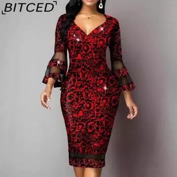 BITCED Женская мода лето весна повседневные платья с рукавом 3/4 и V-образным вырезом S красный