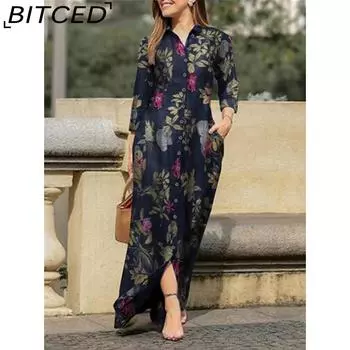 BITCED Женская мода осень-зима цветочный принт длинный рукав поло-воротник повседневные платья S розовый