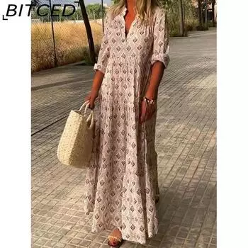 BITCED Женская мода осень-зима цветочный принт длинный рукав V-образный вырез свободные повседневные платья S розовый