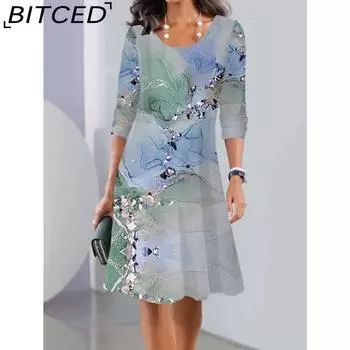 BITCED Женская мода осень-зима цветочный принт длинный рукав О-образный вырез повседневные платья S