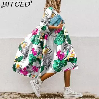 BITCED Женская мода осень-зима цветочный принт длинный рукав О-образный вырез повседневные платья S