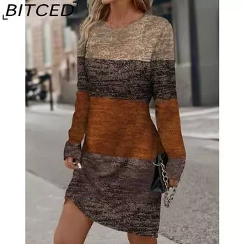 BITCED Женская мода осень-зима с длинным рукавом и круглым вырезом повседневные платья S коричневый