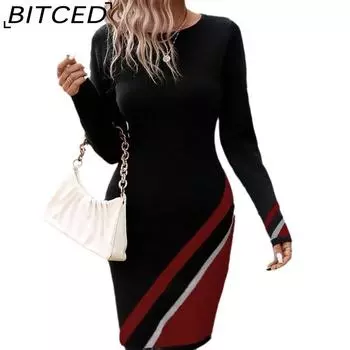 BITCED Женская мода осень-зима с длинным рукавом и круглым вырезом повседневные платья S чёрный