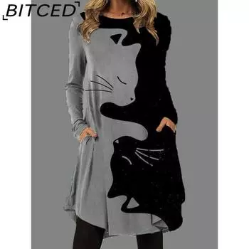 BITCED Женская мода осень-зима с длинным рукавом и круглым вырезом повседневные платья S