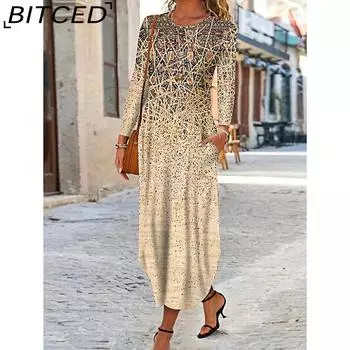 BITCED Женская мода осень-зима с длинным рукавом и круглым вырезом, повседневные платья с высокой талией S