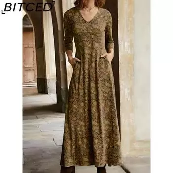 BITCED Женская мода осень-зима с длинным рукавом и круглым вырезом повседневные платья S коричневый