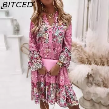 BITCED Женская мода осень-зима с длинным рукавом и цветочным принтом с V-образным вырезом повседневные платья S розовый