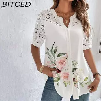 BITCED Женская мода повседневные блузки и рубашки с коротким рукавом и V-образным вырезом на лето и весну S