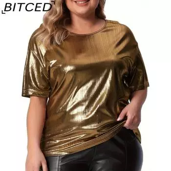 BITCED Женская мода повседневные летние однотонные принтованные блузки и рубашки с коротким рукавом и круглым вырезом XL золотой