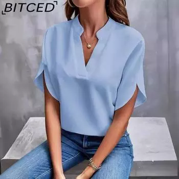 BITCED Женская мода повседневный летний однотонный топ с коротким рукавом и V-образным вырезом и рубашка S чёрный