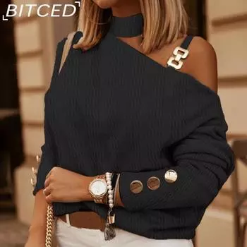 BITCED Женская мода сексуальная цепочка с пуговицами украшение длинный рукав рубашка блузка женщина S чёрный