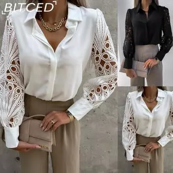 BITCED Женская модная повседневная летняя однотонная блузка и рубашка с длинным рукавом и воротником-поло S белый