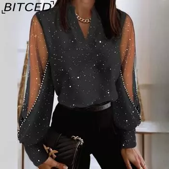 BITCED женская осенне-зимняя модная кружевная рубашка с длинным рукавом и v-образным вырезом, блузка S белый