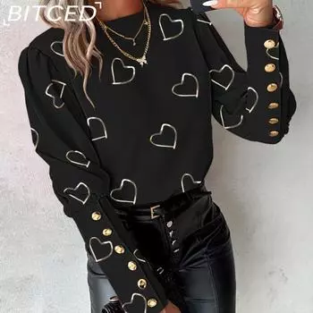 BITCED женская осенне-зимняя модная рубашка с длинным рукавом и круглым воротником на пуговицах с принтом, блузка S белый