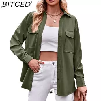BITCED Женская осенне-зимняя повседневная модная свободная однотонная рубашка с длинными рукавами и двойными карманами
