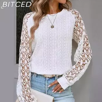 BITCED женская осенняя однотонная кружевная рубашка в стиле пэчворк с длинным рукавом и круглым воротником S белый