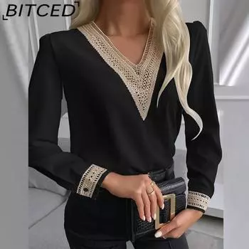 BITCED женская осенняя однотонная кружевная женская блузка с длинным рукавом и v-образным вырезом S белый