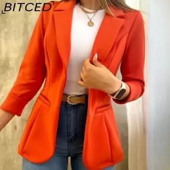 BITCED Женская осенняя однотонная простая куртка-блейзер с длинным рукавом и воротником S красный