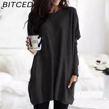 BITCED Женская осенняя повседневная футболка с длинным рукавом и карманом S чёрный