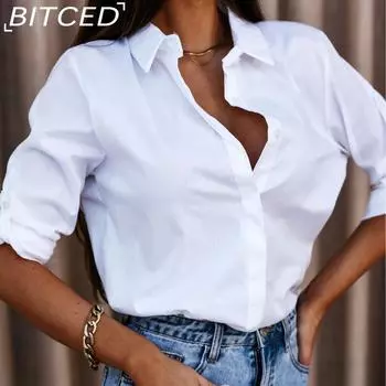 BITCED Женская осенняя простая блузка на пуговицах с длинным рукавом и v-образным вырезом, женская рубашка S белый