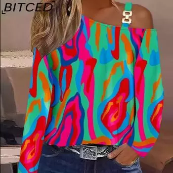 BITCED Женская осенняя простая металлическая пуговица с длинным рукавом и наклонным воротником, рубашка, блузка