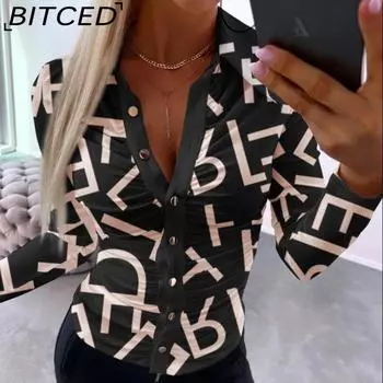 BITCED женская осенняя простая сексуальная женская рубашка с v-образным вырезом и длинным рукавом с принтом, блузка S чёрный/хаки