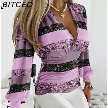 BITCED Женская осенняя рубашка с длинным рукавом и V-образным вырезом с принтом S зелёный