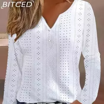 BITCED Женская осенняя рубашка с длинным рукавом и V-образным вырезом, однотонная, с шитьем S белый