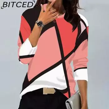BITCED Женская осенняя рубашка с геометрическим принтом и длинным рукавом с круглым вырезом S
