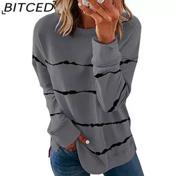 BITCED Женская осенняя свободная футболка с длинным рукавом и принтом в полоску с круглым вырезом и толстовка S белый