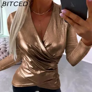 BITCED Женская осенняя трикотажная модная однотонная женская рубашка с V-образным вырезом S золотой