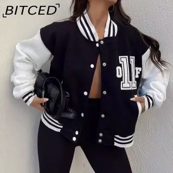 BITCED Женская повседневная модная толстовка с принтом и толстым верхом с длинными рукавами в бейсбольной форме S чёрный
