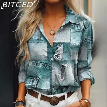 BITCED Женская повседневная рубашка из искусственного денима с принтом S синий